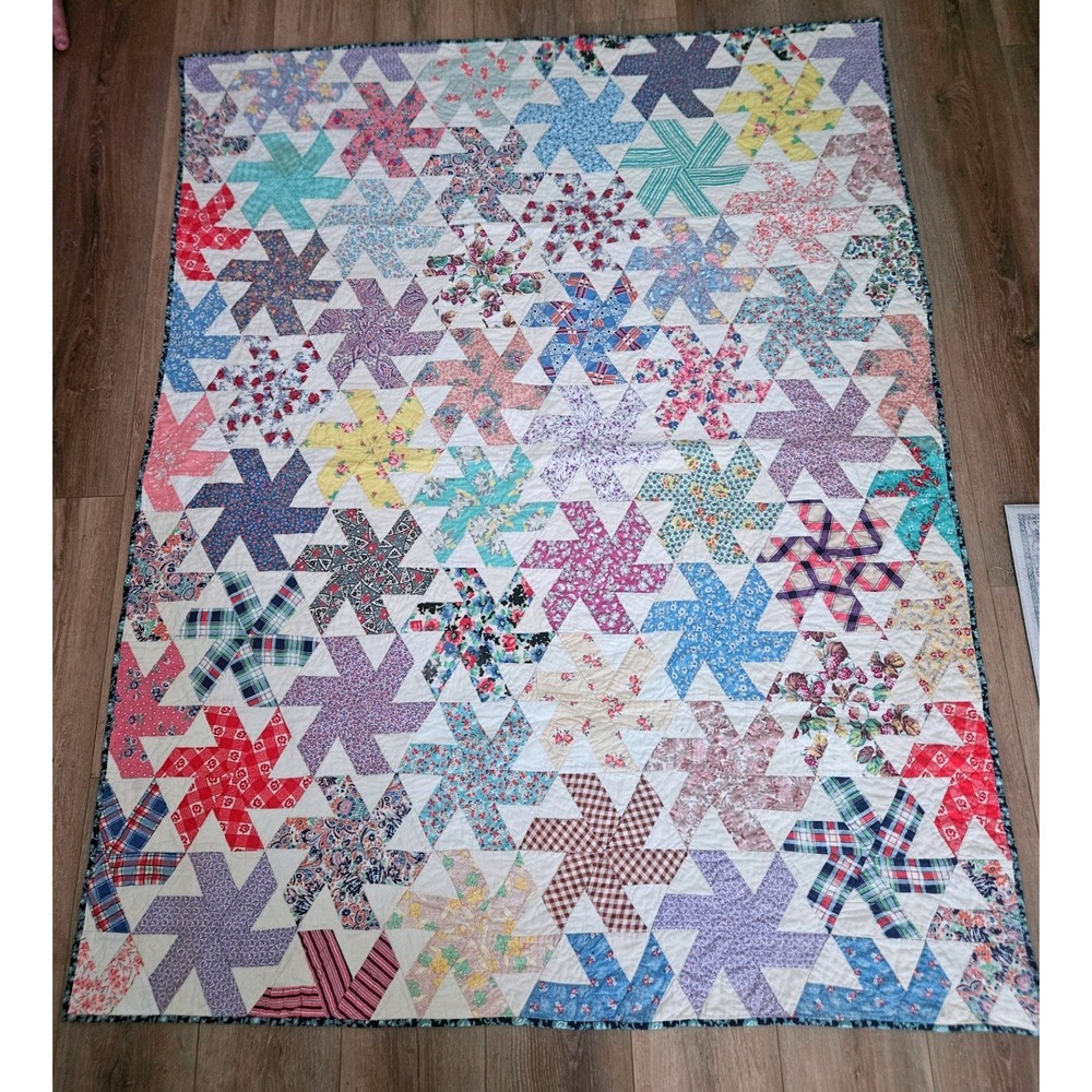 Patchwork Quilt Full Twin Vintage Scrappy Pinwheel Star Cottagecore Farmhouse